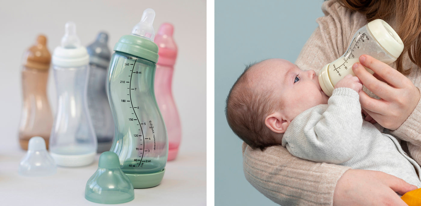 tweeluik: babyflessen en baby drinkend uit fles