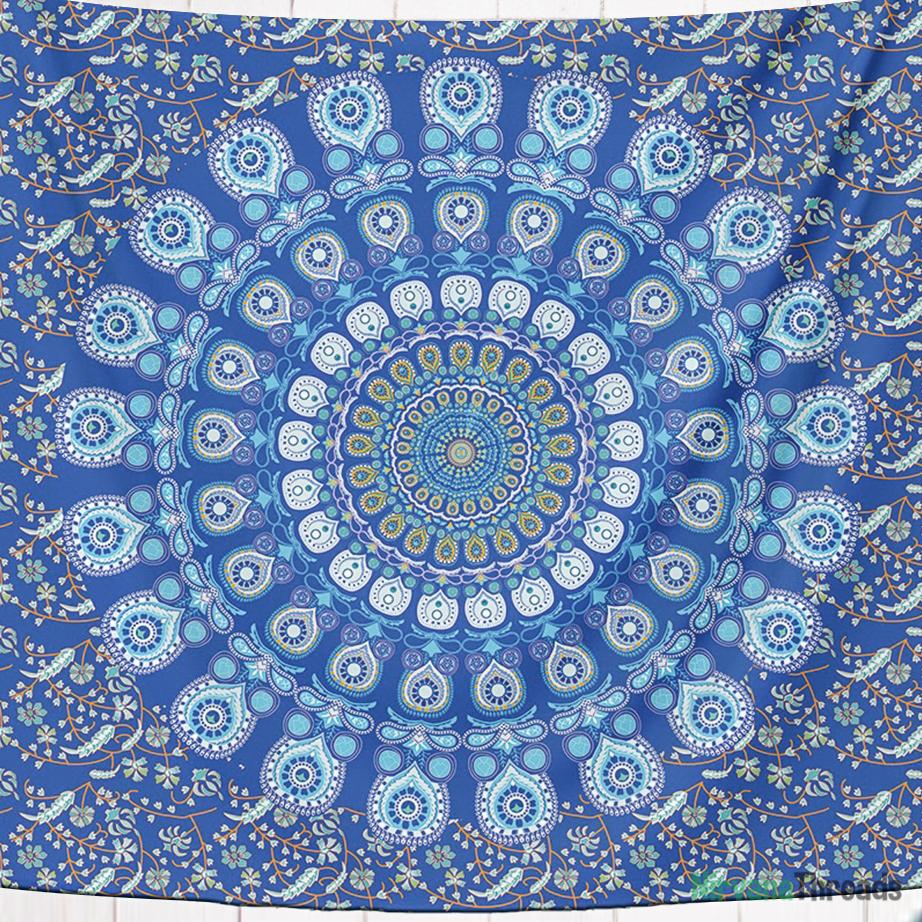 Blue Pink Peacock Feather Mandala Screen Printed Queen Twin Tapestry -  Yogashq