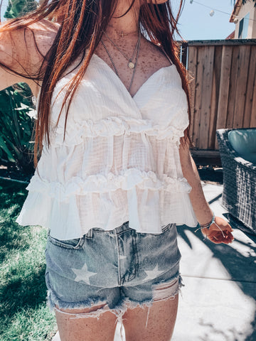 White Ruffle V-neck Cami + Star Denim Shorts 