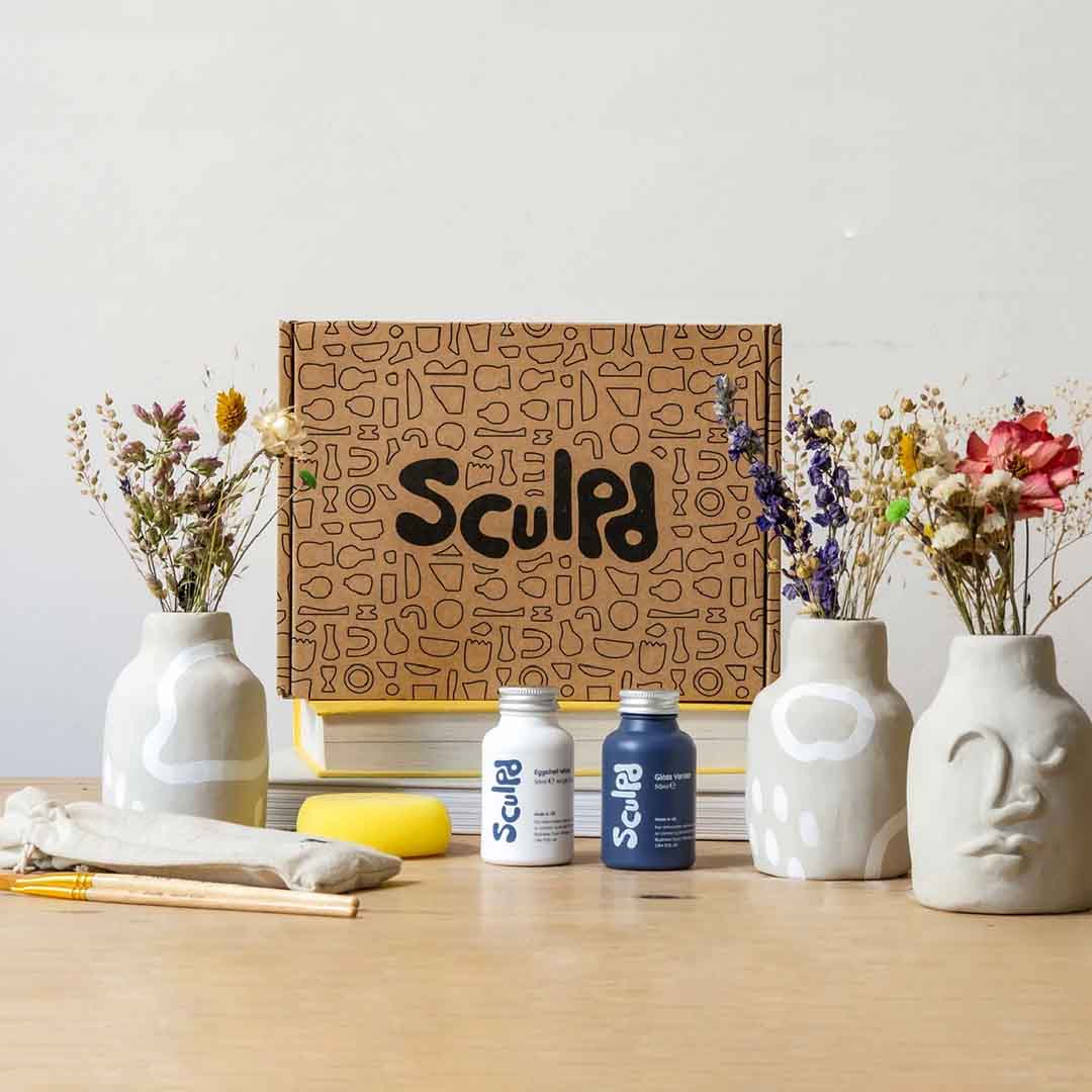 Sculpd Pottery Starter Kit - Air Dry Clay With Gloss Varnish, Tools, Paints  and Brushes for Beginners. Step-by-Step Guide Included.