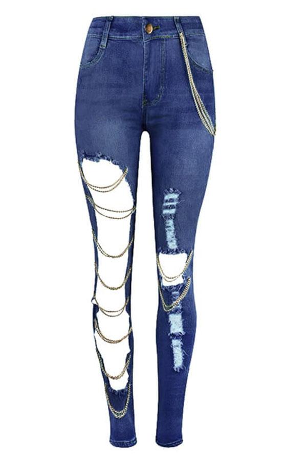 Blue Stylish Cutout Jeans with Chains – PrettyTina