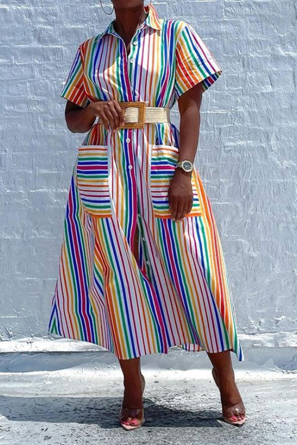 Color Stripe On-trend Single Breasted Midi Shirt Dress