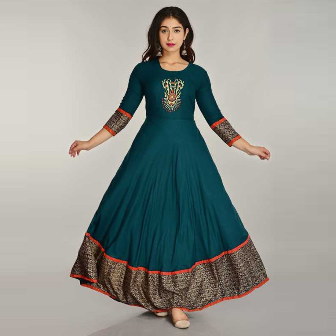 Turquoise Blue Embroidery Rayon Long Flared Anarkali Kurti