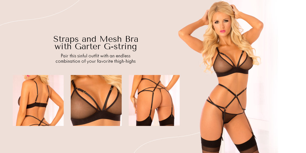 Straps and Mesh Bra with Garter G-string