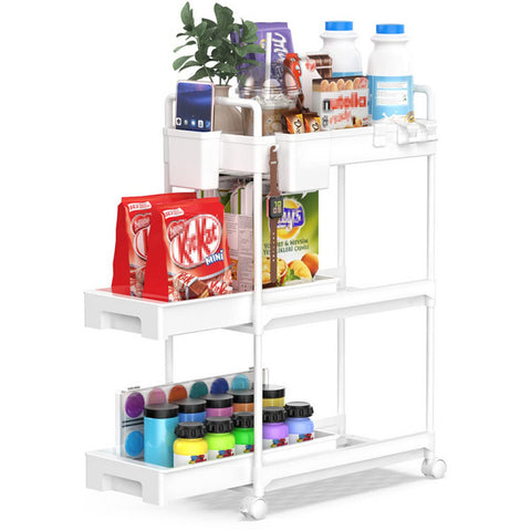 SPACEKEEPER Under Sink Organizer, Sliding Cabinet Basket Organizer 2 Tier  Under Bathroom Storage Rack with Hooks, Hanging Cup, Dividers,  Multi-purpose