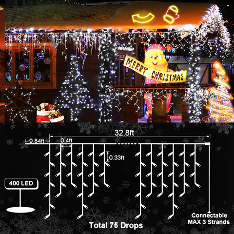 32.8 FT 400LED Icicle Christmas Lights, Plug in 80 Snowflake Fairy Lig