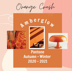 Color Spotlight: Amberglow | Orange mood board with items in orange including a desklamp, flowers, handbag, blouse, and an accent wall