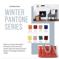 Winter Pantone Series. Color Swatches: Rose Tan. Peach Nougat. Sandstone. Amgerglow. Green Sheen. Magenta Purple. Fired Brick. Ultramarine Green. Color of the Year: Classic Blue.