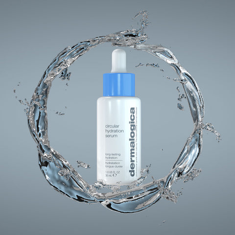 circular hydration serum product bottle inside a circular wave of water