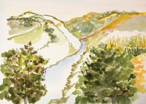 Watercolor sketch of river valley and hills