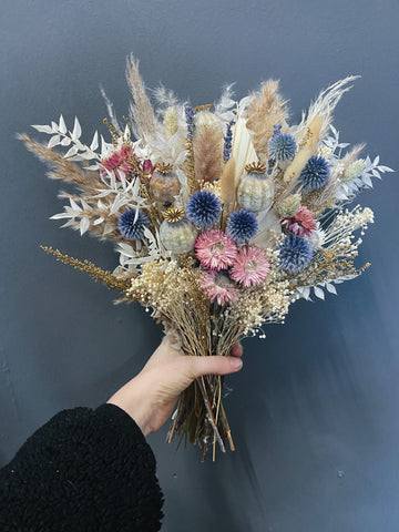 white, blue and pink dried wedding bouquet / dried wedding flowers UK