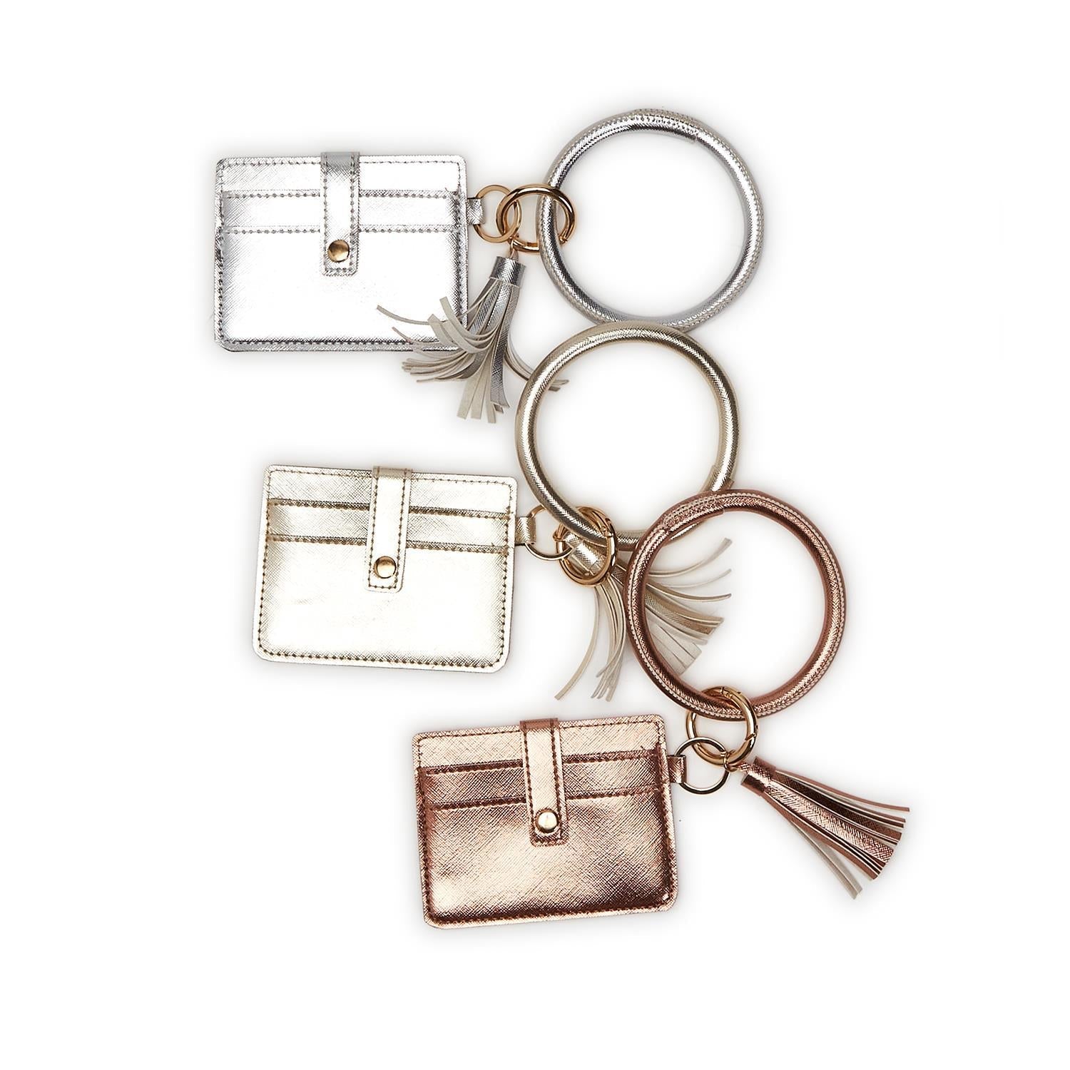 Metallic Vegan Leather Bangle Keychain Holder with Card Case | Assorted