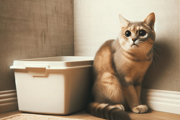 Stressed Cat Sitting near the Litter Box