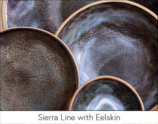 Plates and bowls displaying variations of Eelskin Glaze on Sierra Collection