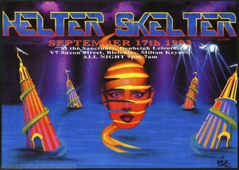 Helter Skelter rave party flyer from 1993 at a famous warehouse nightclub known as The Sanctuary, Milton Keynes