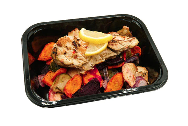 Lemon chicken with roasted carrots, brussell sprouts, beets and butternut squash. For a premade meal delivery company in Canada on a blog post featuring tips to fight cravings