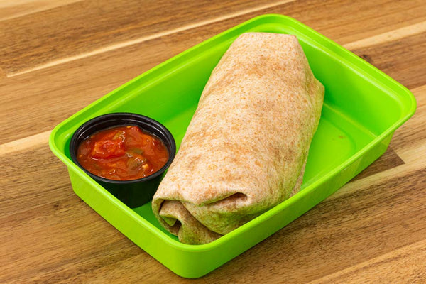 Protein burrito image on a wooden table. Created for a meal prep company in Canada for a blog post discussing how to fight cravings