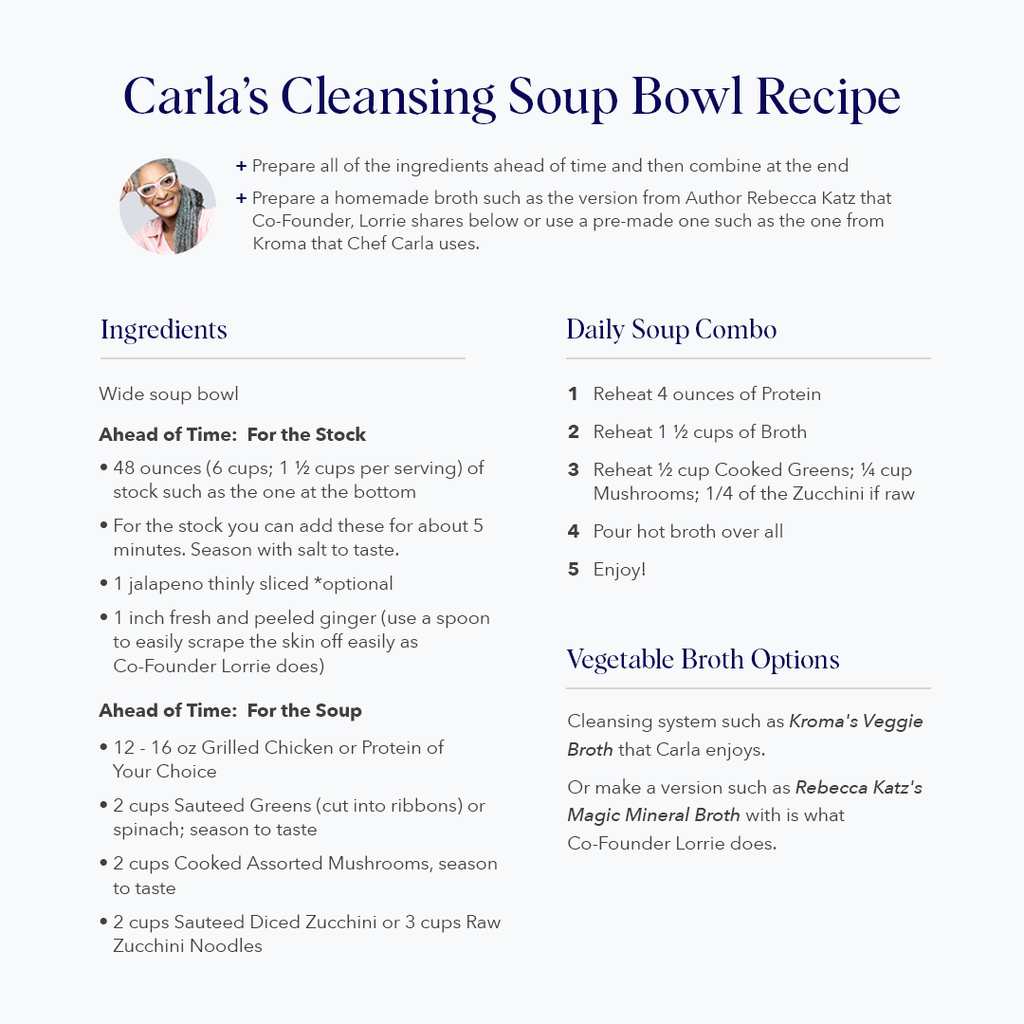 Chef Carla Hall's Cleansing Soup Recipe: INGREDIENTS Wide soup bowl Ahead of Time:  For the Stock 48 ounces (6 cups; 1 ½ cups per serving) of Stock such as the one at the bottom For the stock you can add jalapeno and/or ginger for about 5 minutes. Season with salt to taste. 1 jalapeno thinly sliced jalapeno *optional 1 inch fresh and peeled ginger (use a spoon to easily scrape the skin off easily as Co-Founder Lorrie does) Prepare Ahead of Time:  For the Soup  12 - 16 oz Grilled Chicken or Protein of Your Choice 2 cups Sauteed Greens (cut into ribbons) or spinach; season to taste 2 cups Cooked Assorted Mushrooms, season to taste 2 cups Sauteed Diced Zucchini or 3 cups Raw Zucchini Noodles DAILY SOUP COMBO Reheat 4 ounces of Protein Reheat 1 ½ cups of Broth Reheat ½ cup Cooked Greens; ¼ cup Mushrooms; ¼ of the Zucchini if raw Arrange Protein & Veggies in a wide soup bowl Pour hot broth over all  Enjoy! VEGETABLE BROTH OPTIONS Cleansing system such as Kroma that Carla enjoys https://kromawellness.com/products/veggie-broth-with-plant-protein or make a version such as Rebecca Katzs which is what co-founder Lorrie does https://www.rebeccakatz.com/magic-mineral-broth