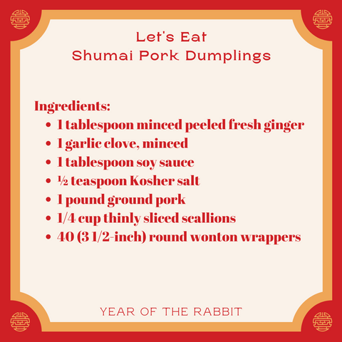 Ingredients: 1 tablespoon minced peeled fresh ginger 1 garlic clove, minced 1 tablespoon soy sauce ½ teaspoon Kosher salt 1 pound ground pork 1/4 cup thinly sliced scallions 40 (3 1/2-inch) round wonton wrappers