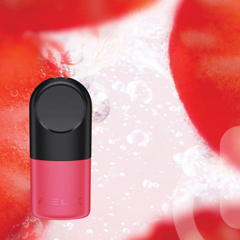 RELX Pod Pro merah dengan varian rasa Stawberry Burst.