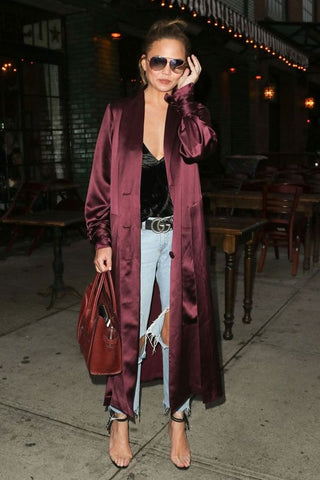 Chrissy Teigen Strap Heels with Silk Cardigan Night outfit