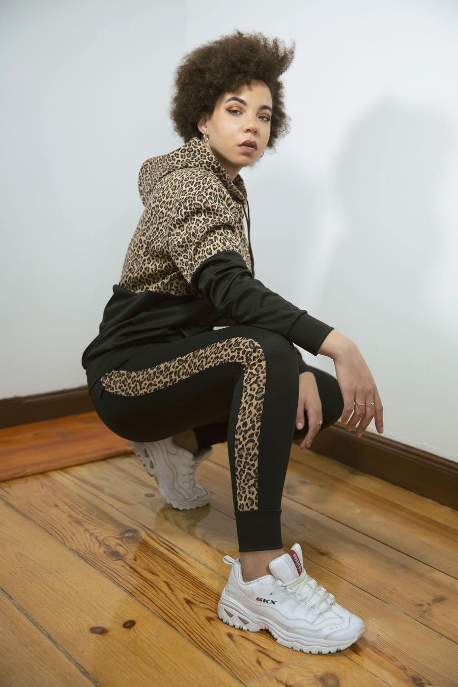 Black Leopard Print Detail Hoodie Sweatshirt and Leggings