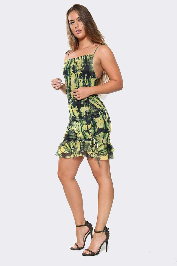 Green Tie Dye Strappy Ruched Tie Dress