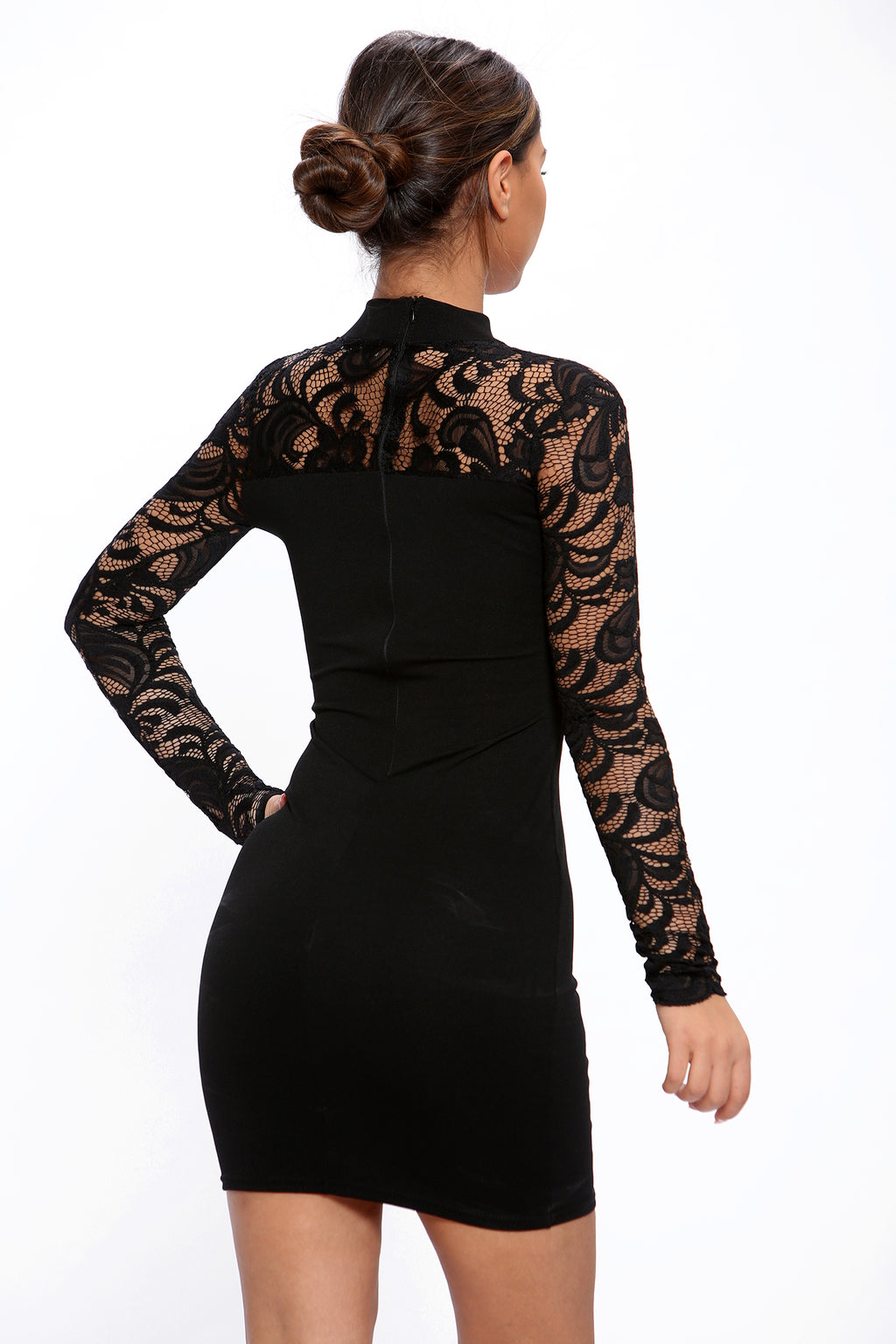 Black High Neck Cut Out Lace Long Sleeves Mini Dress – Avinci