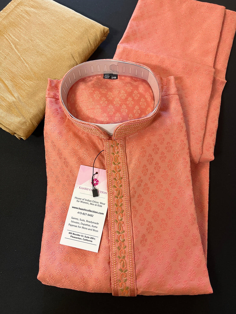 Dark Coral Color Raw Silk Men Kurta Pajama Set with embroidery neckline | Mens Ethnic Wear| Indian and Pakistani Mens Wear