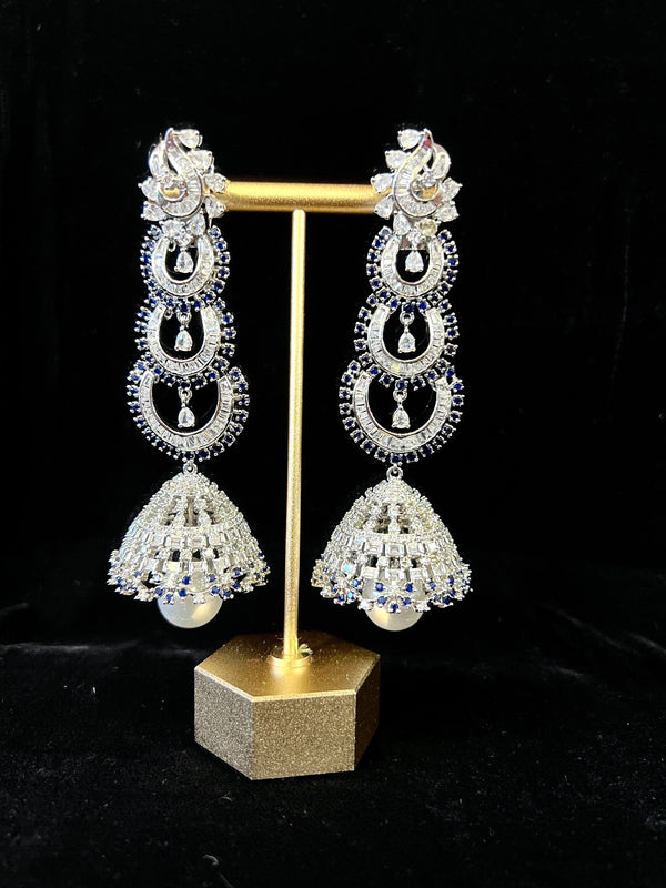 Silver Polish American Diamond Long Chandbali Jhumka, Crescent moon ea –  Indian Designs