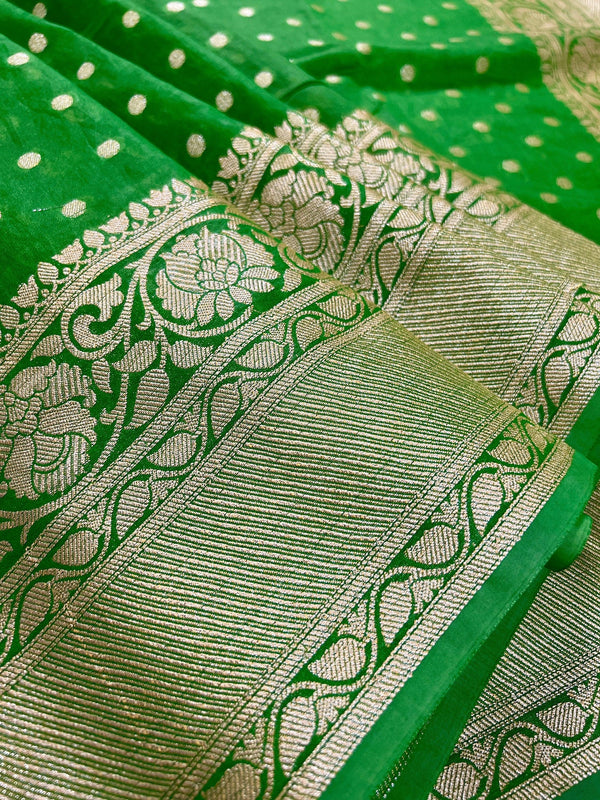 Green Soft Georgette Chikankari Saree with Sequins & Mir