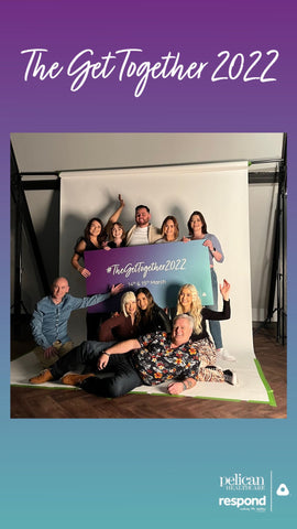 Rachel is with a group of friends on a photoshoot for Pelican Healthcare and Respond
