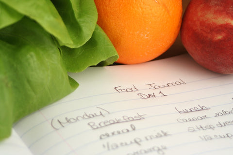 The top of a food journal with lettuce, an orange and apple in the top of the image