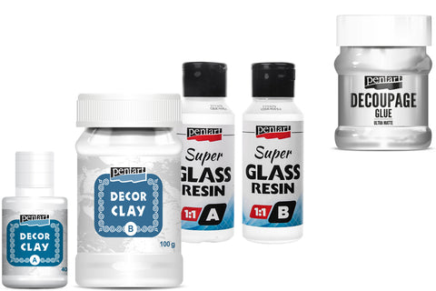 Pentart Decor Clay, Pentart Super Glass Resin und Pentart Decoupagekleber ultra matt