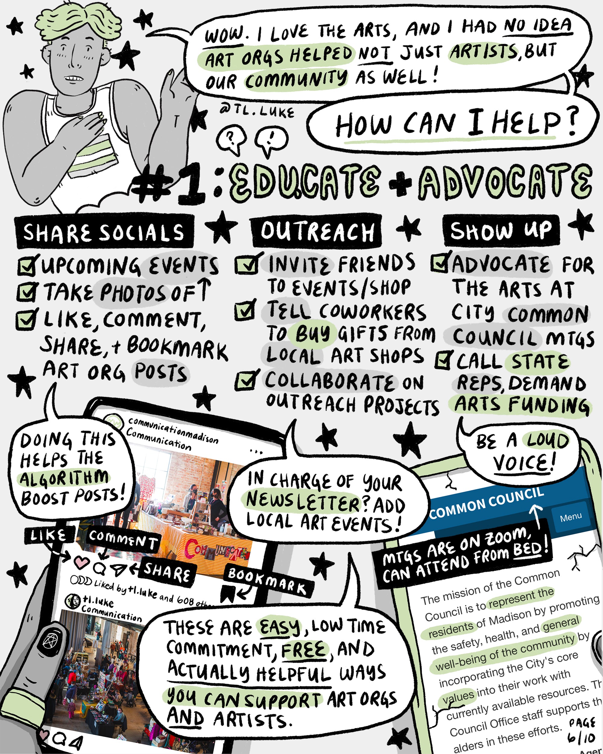 Page 6 of Auntie Luke’s Guide to Wisconsin’s Art Economy, Part 2 covers the action item “Educate and Advocate.”