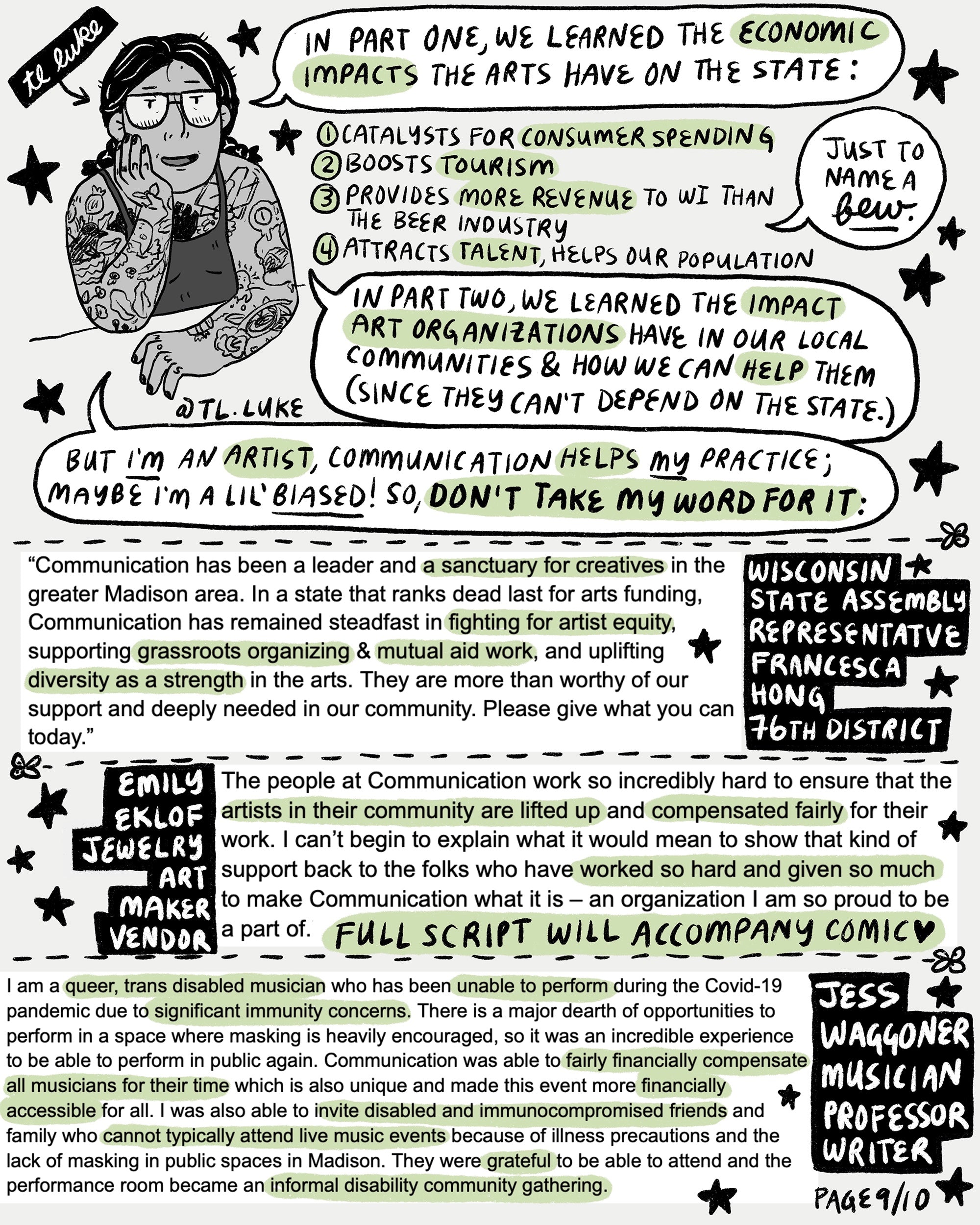 Page 9 of Auntie Luke’s Guide to Wisconsin’s Art Economy, Part 2 recaps Part 1 and 2, and includes testimonials.