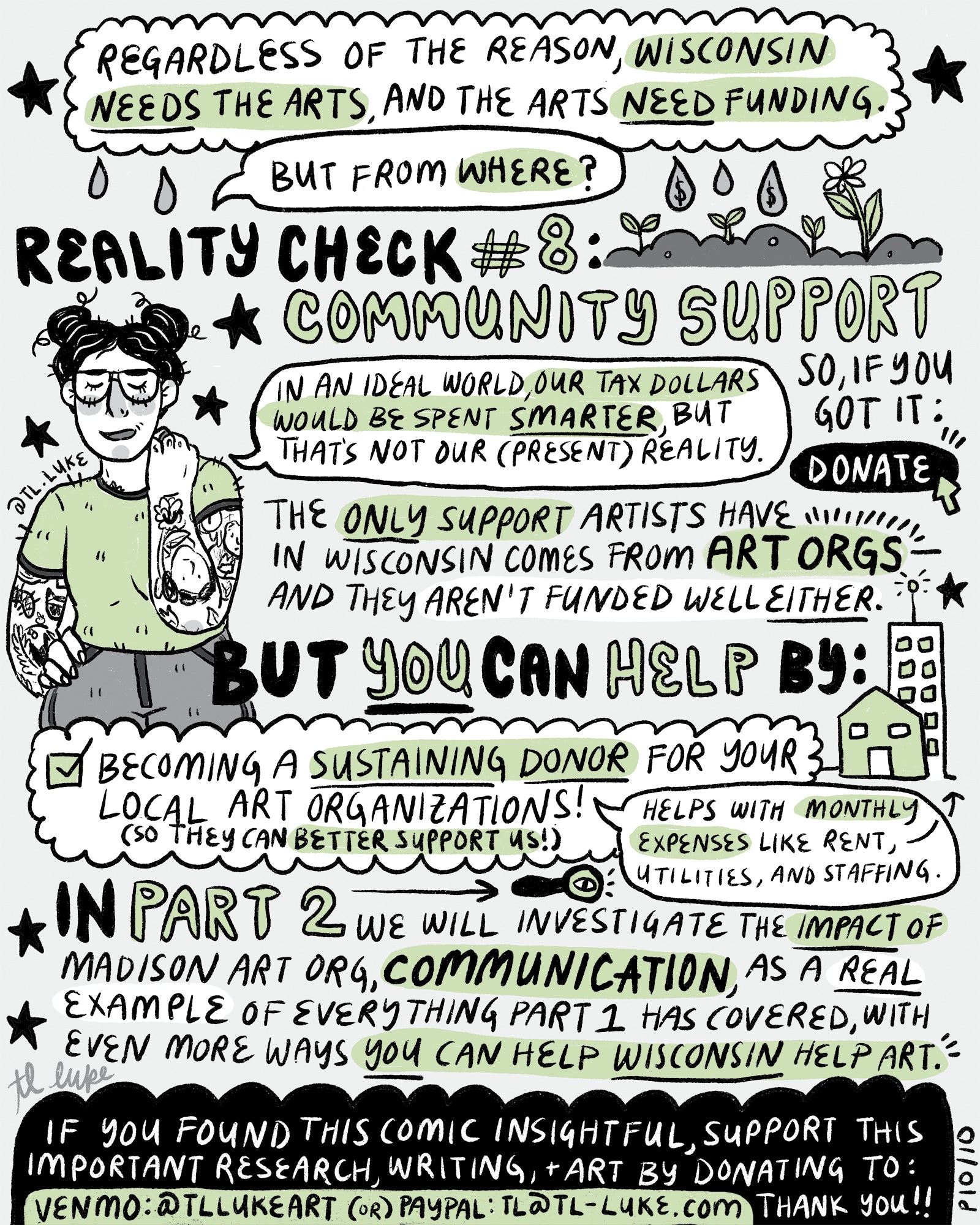 Page 10 of Auntie Luke's Art Economy Guide, last page of comic, explains why community support is necessary to help the arts.