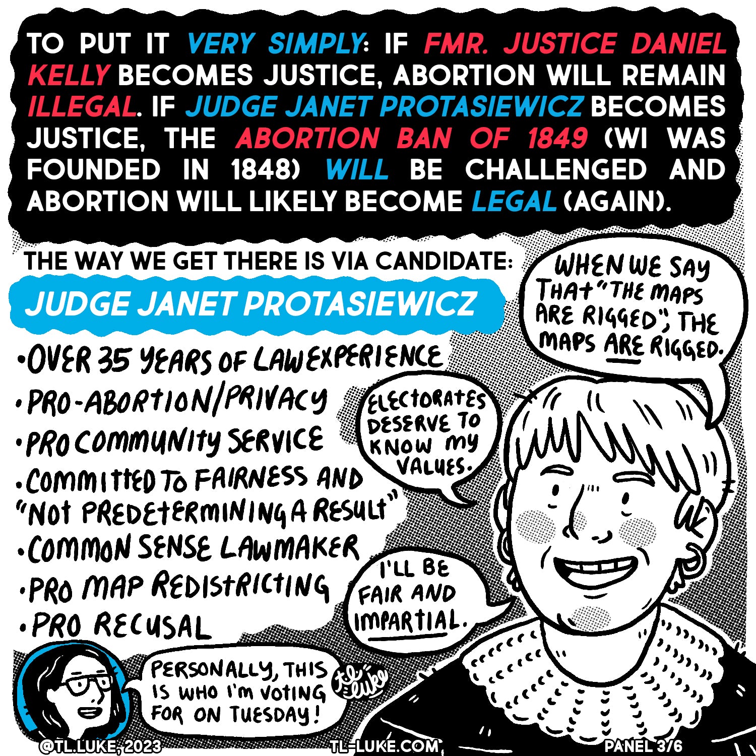 Panel 3 of "Our Path to a Better Wisconsin" comic. This explains candidate Janet Protasiewicz's qualifiers.