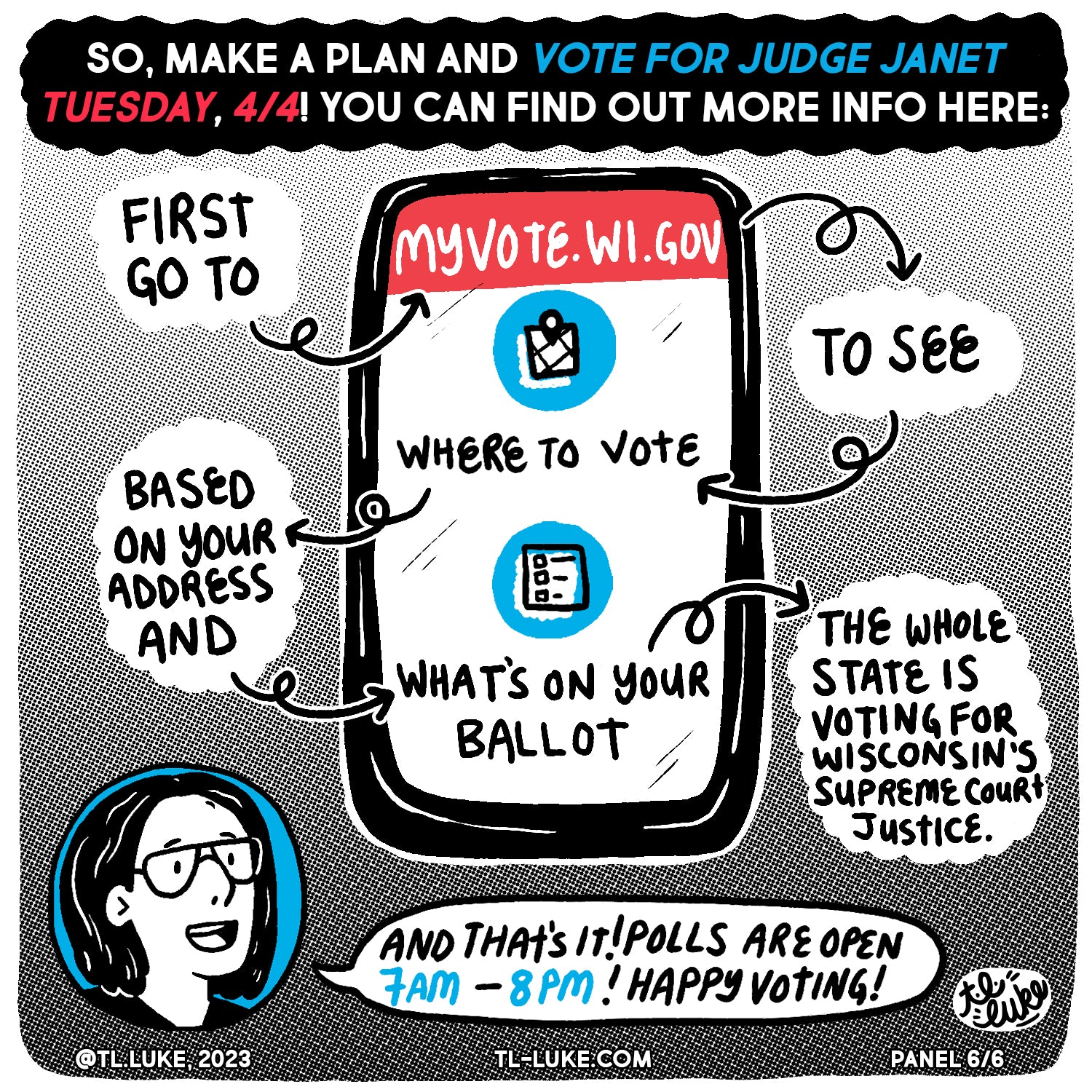 Panel 6 of "Our Path to a Better Wisconsin" comic. This one explains how to find info on MyVote.WI.Gov.