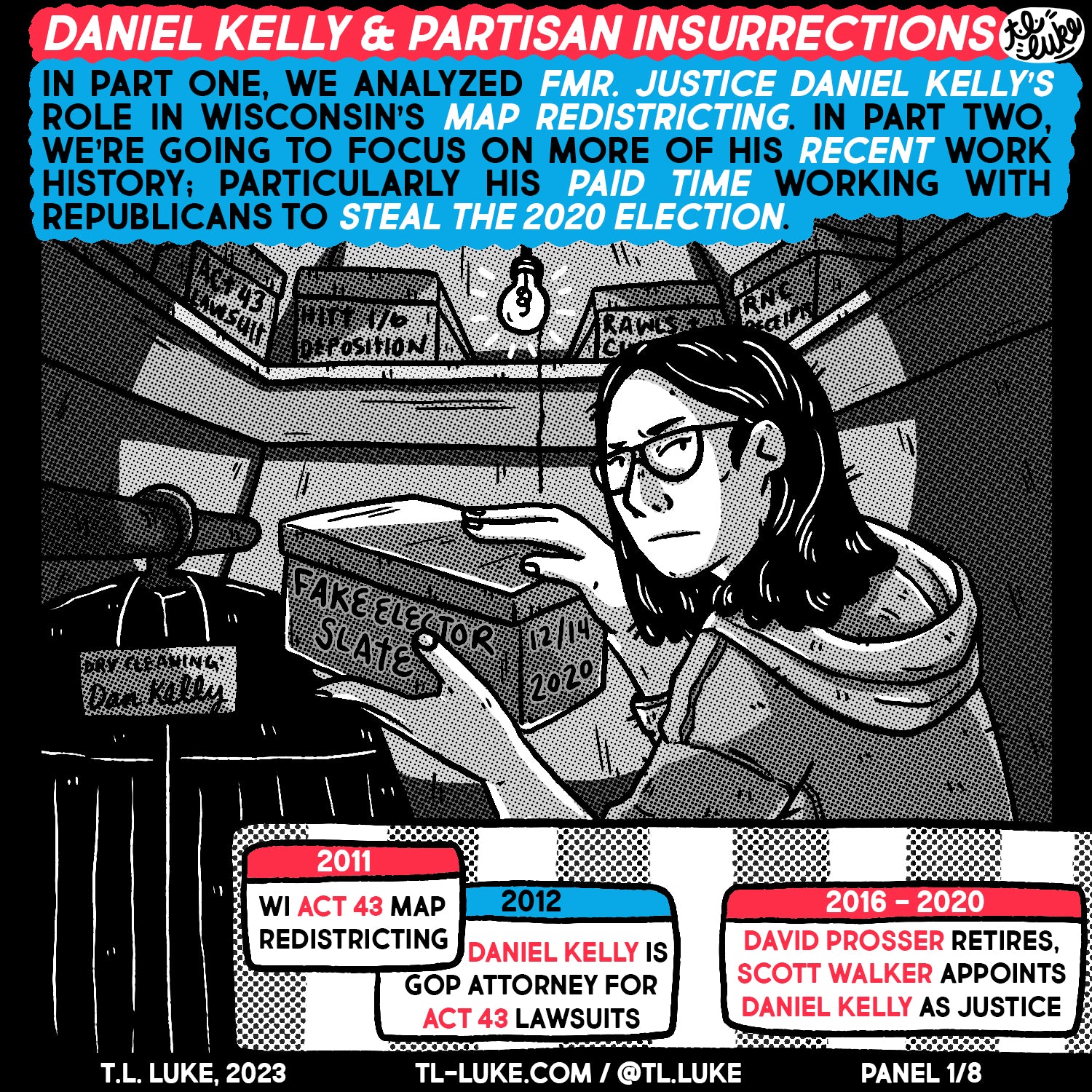 Panel 1 of “Daniel Kelly & Partisan Insurrections” comic by T.L. Luke. This one says it’ll be about election denialism.