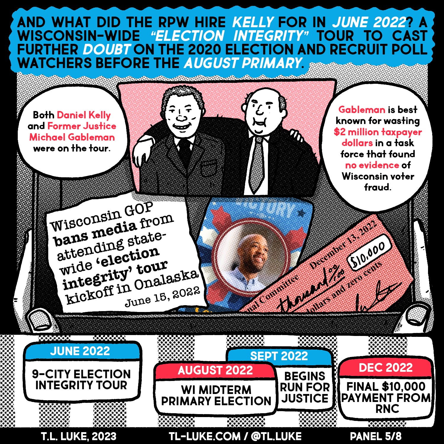 Panel 5 of "Daniel Kelly & Partisan Insurrections" comic by T.L. Luke. This one is about the 2022 election integrity tour.