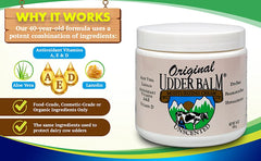 Why original udder balm works is a combination of Antioxidant Vitamins A, E & D, Aloe Vera, Lanolin