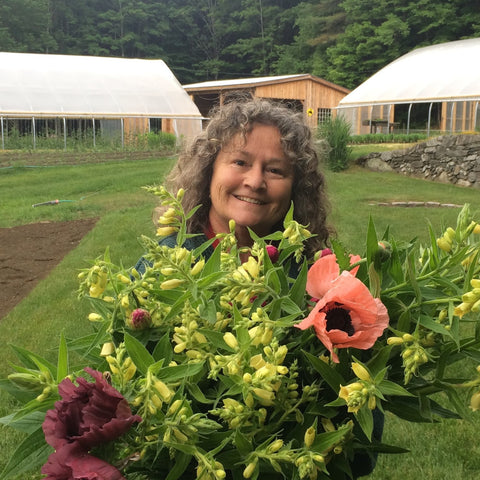 Liz with a few of her flowers at Maple Flower Farm in Bethel, Vermont