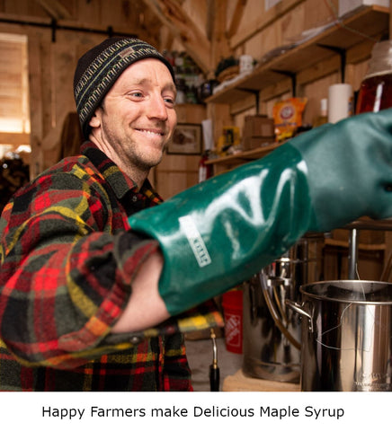 Maple Farmer Sam from Hermit Woods Maple happy working in the Vermont maple syrup sugarhouse