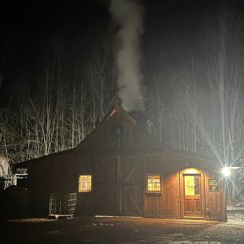 night time boiling to make pure Vermont maple syrup
