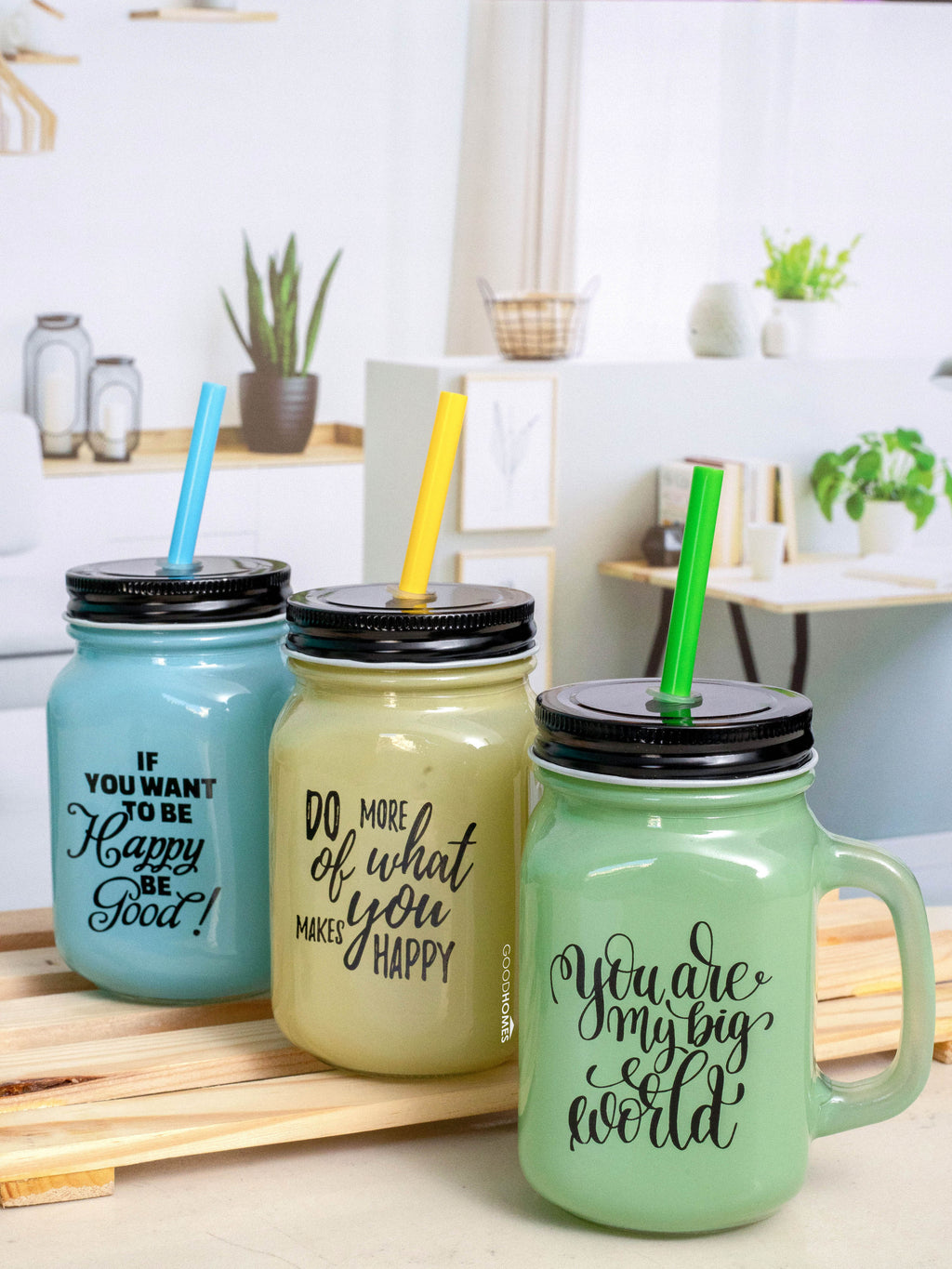 Glass Cups with Quotes - Bamboo Lid & Metal Straw Set