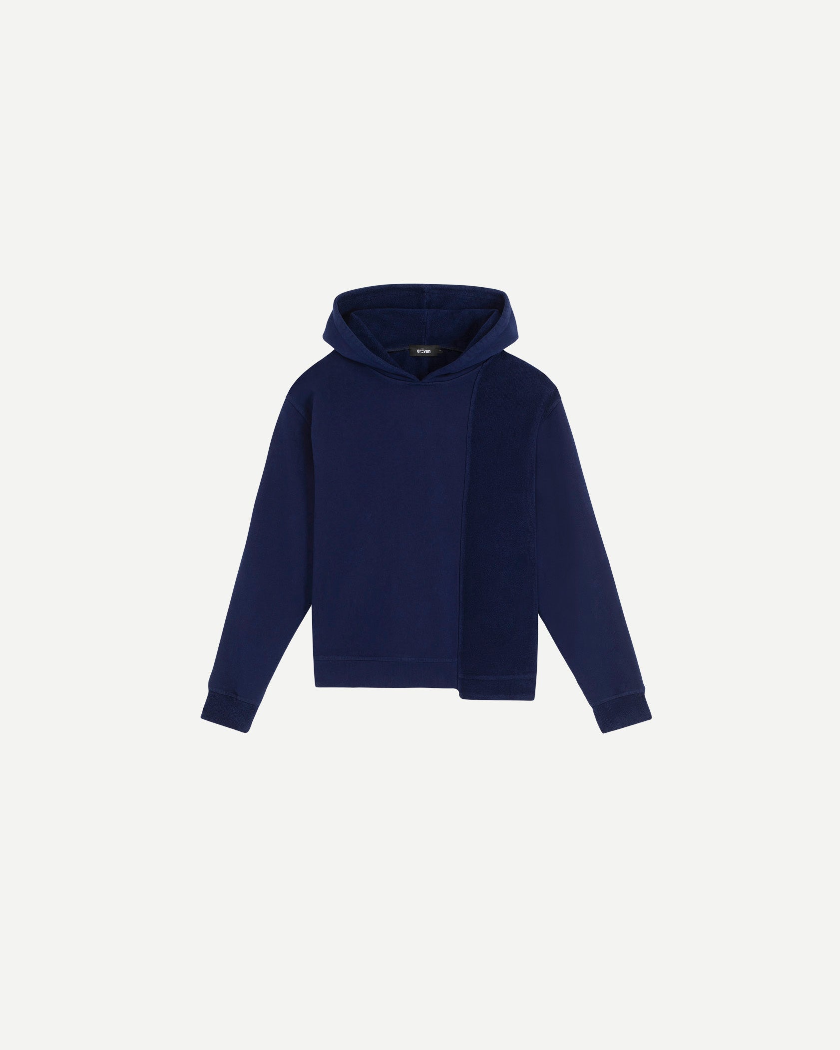 Hoodie de luxe pour homme Erevan, découpe bi-matière, poche centrale et capuche, en jersey de coton, fabriquée en france