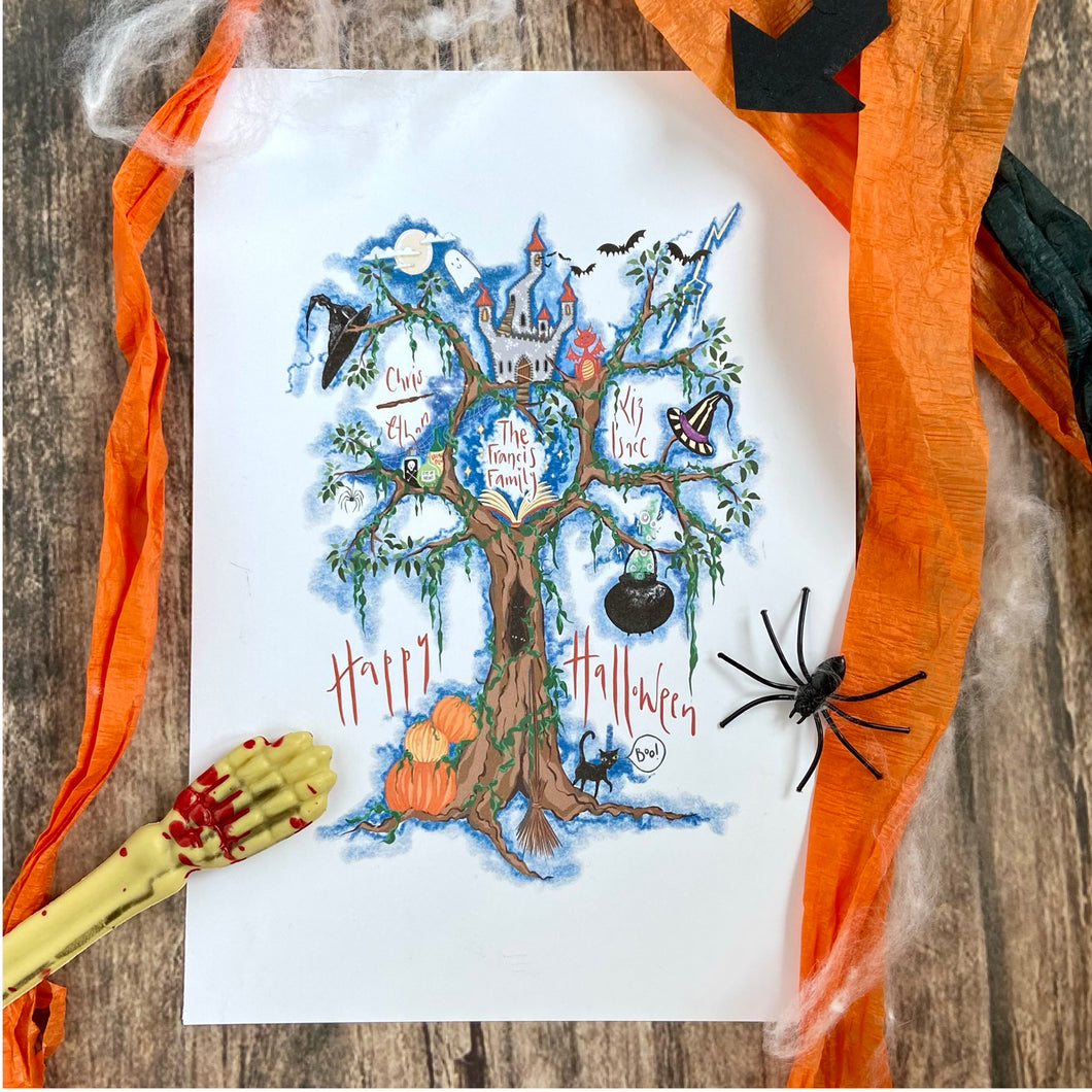 Cat Lovers Large Magical Halloween Family Tree - The Illustrated Tree Co