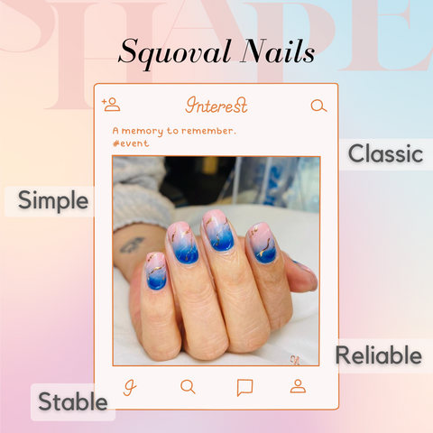 A squoval nail set, with blue and pink marble design