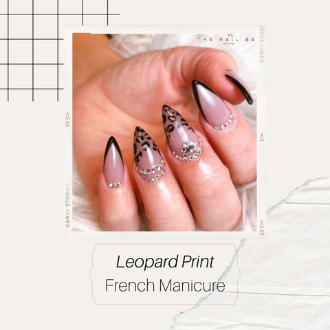 Animal print french manicure with black colour on stiletto shape 